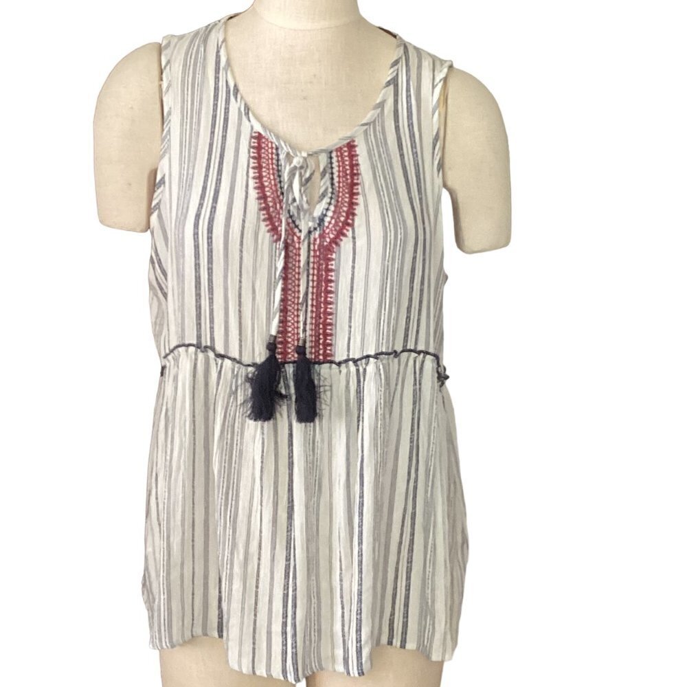 Artesia BOHO Sleeveless Striped Embroidered Tassel Tie Tunic Top Sz L #69L
